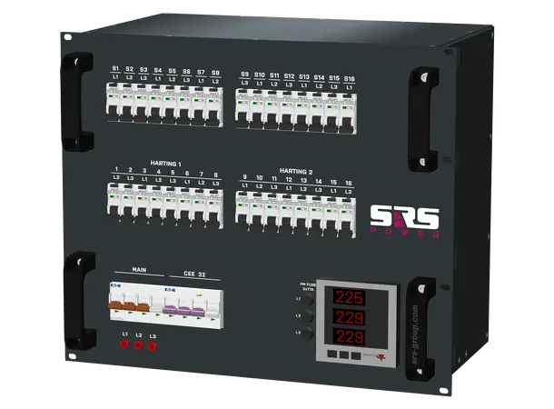 SRS PDU 2xH16 8x16A, 33xRCBO, PM 9U, in: CEE63/5 out: 1xCEE32/5,16xSF